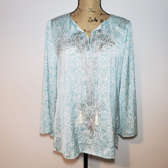 Chico's Embellished Mirrored Scroll-Print Blouse in Size 1 - Picture 2 of 10